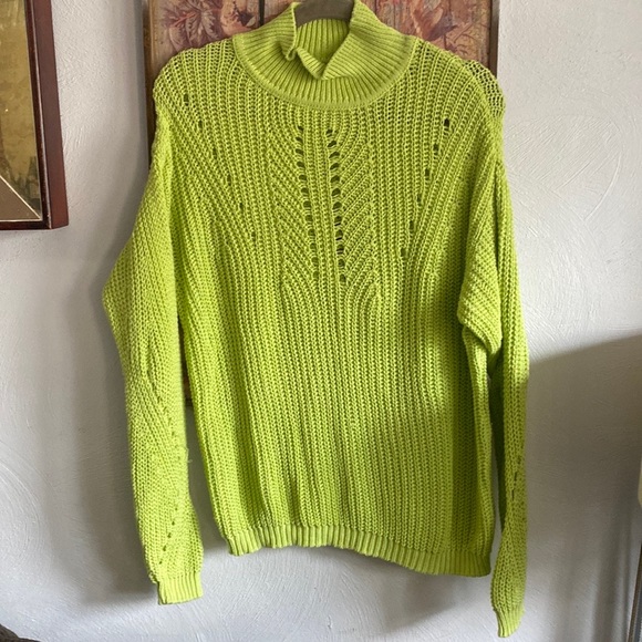 ANTHROPOLOGIE EAST ORDER CUTOUT SWEATER TOP 100% COTTON KNIT MOCK SWEATER LIME